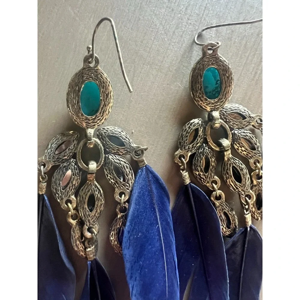 Boho Western Feather Earrings Turquoise Look Stone Chandelier Dangle‎ Cowgirl